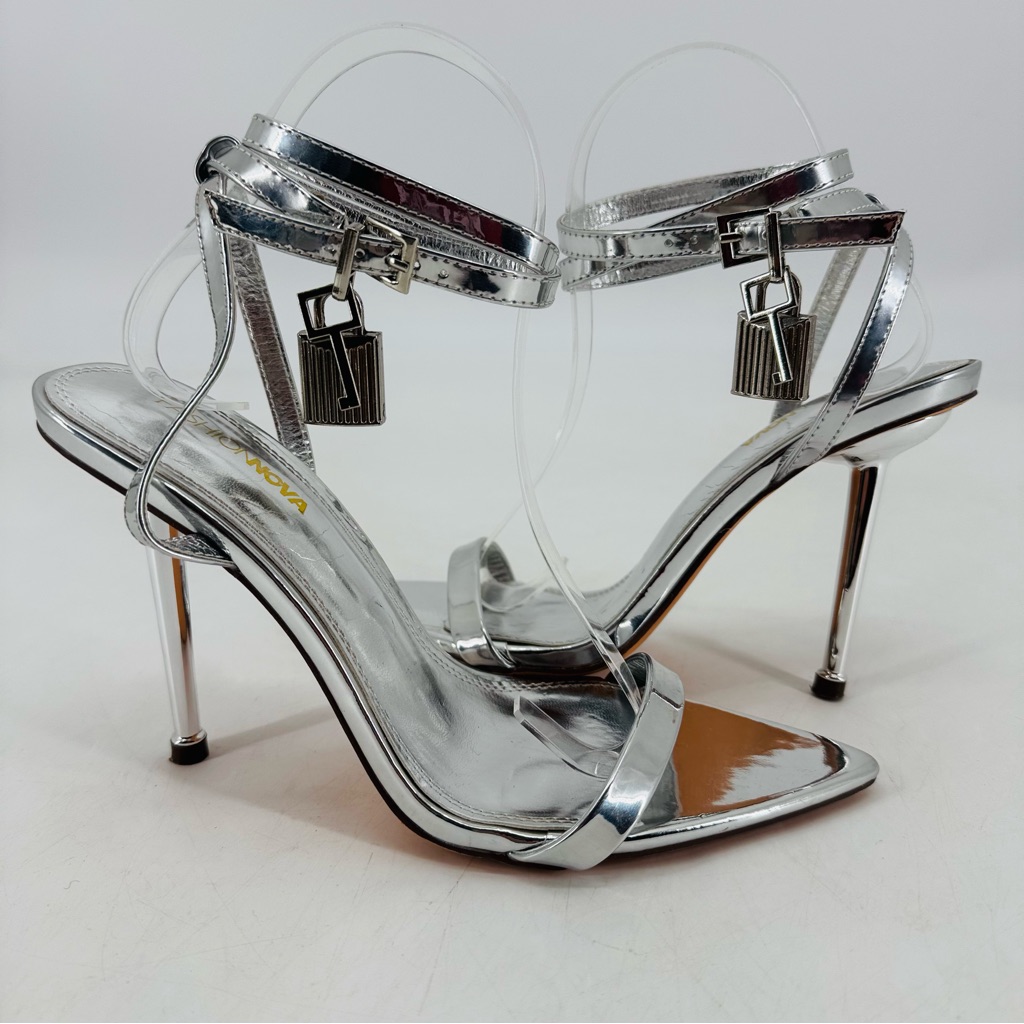 Fashion Nova No Drama Club Lock Key Coquette Girl Metallic Silver Stiletto Heels